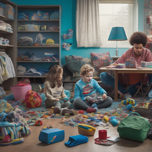 A chaotic morning scene with a frazzled parent surrounded by toys, laundry, and breakfast mess, contrasted with a calm and organized background featuring a planner, timer, and neatly arranged kids' backpacks.