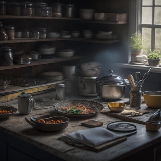 A cluttered kitchen counter with a messy jumble of utensils, cookbooks, and scattered recipe notes, surrounded by foggy mirrors and dim lighting, with a faint outline of a serene, organized kitchen in the background.
