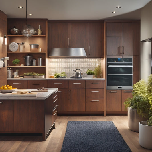 A sleek kitchen with a modern pull-out cabinet filled with heavy-duty storage solutions, showcasing organized pots, pans, and utensils, illuminated by warm lighting, against a backdrop of polished wood and stainless steel appliances.