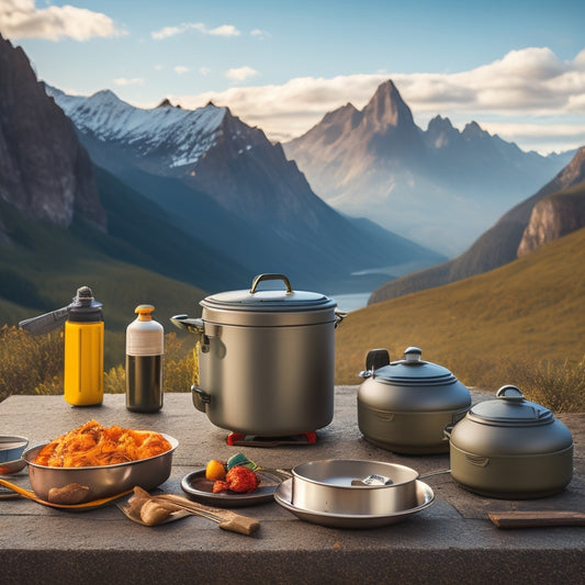 A scenic outdoor setting with a portable camping stove, a few meal prep containers in various sizes and colors, and a faint mountain range in the background, with a few utensils and a camping backpack nearby.