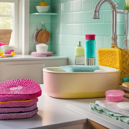 A sturdy, spacious sink caddy overflowing with colorful sponges, brushes, and dish soap bottles, nestled beside a large porcelain sink, surrounded by a bustling kitchen filled with family activity and vibrant dishware.
