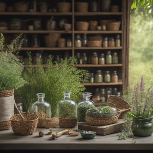 A serene, rustic apothecary setting with an assortment of glass jars, wooden spoons, and woven baskets, amidst a lush backdrop of fresh herbs, flowers, and vines, with soft, warm lighting.