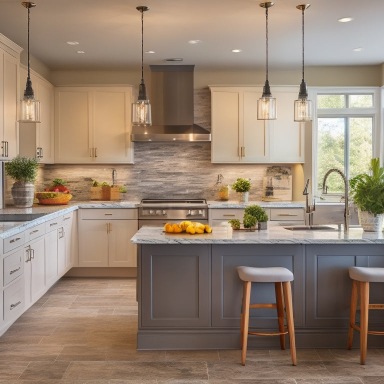 A modern Anaheim showroom with sleek, handle-less kitchen cabinets in various styles and finishes, surrounded by quartz countertops, pendant lights, and a few strategically placed kitchen utensils.