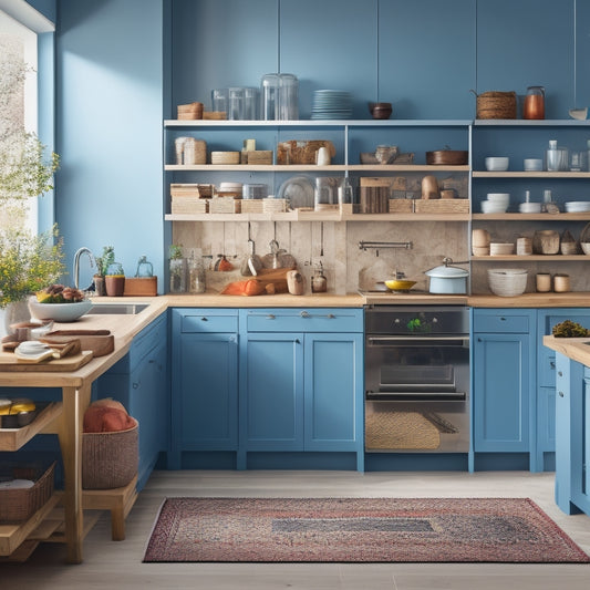 A cozy kitchen scene featuring sleek, affordable modular storage solutions: open shelves with colorful containers, a compact island with stools, and neatly organized drawers showcasing utensils and spices, all bathed in warm, natural light.