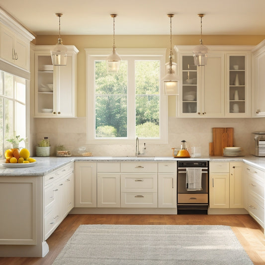 A tidy, L-shaped kitchen with cream-colored cabinets, white countertops, and a large window. A sleek, chrome kitchen cart with three drawers and a spice rack is positioned beneath a pendant light.