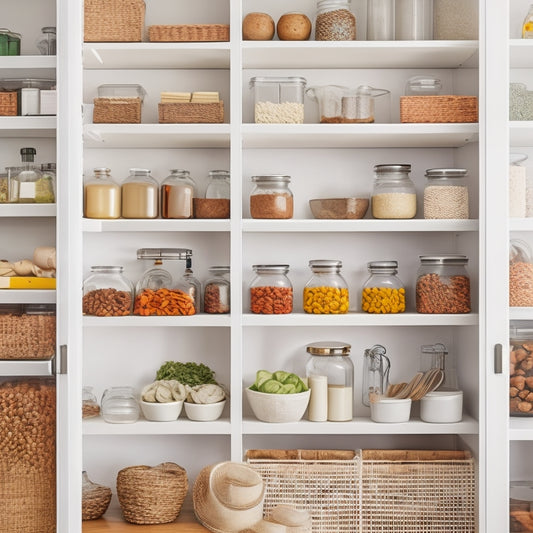 A bright, white, organized pantry with clear glass jars, woven baskets, and a pegboard on the wall, featuring a utensil holder, a spice rack, and a few strategically placed cookbooks.