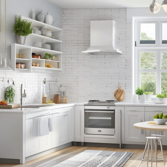A bright, modern, L-shaped kitchen with sleek white cabinets, stainless steel appliances, and a large window, featuring a pegboard with hanging utensils, a wall-mounted pot rack, and a compact island with built-in shelving.