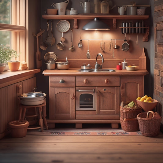 A wooden play kitchen with intricately carved cabinets, a sink with turning faucets, and a stove with movable knobs, surrounded by various toy food and utensils, in a warm, inviting light.