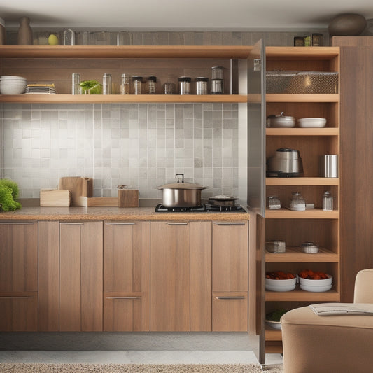 A sleek modular kitchen showcasing innovative smart storage solutions, featuring pull-out cabinets, hidden compartments, and organized spice racks, all in a modern, minimalist design with warm wood tones and stainless steel accents.
