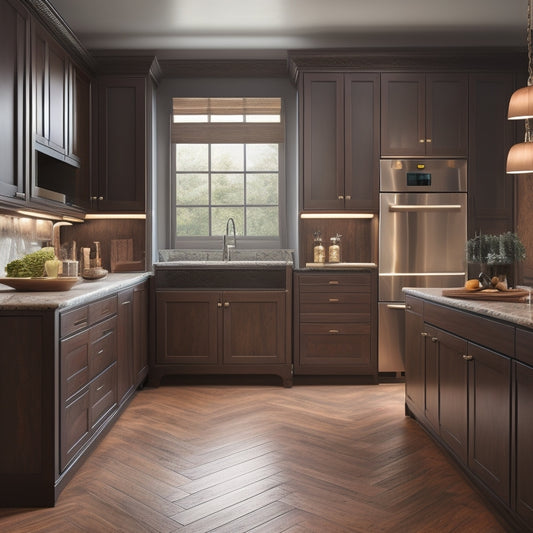 A sleek, modern kitchen with warm wooden floors, featuring a wall of bespoke cabinets in a rich, dark wood tone, adorned with ornate metal hardware and soft, warm lighting.