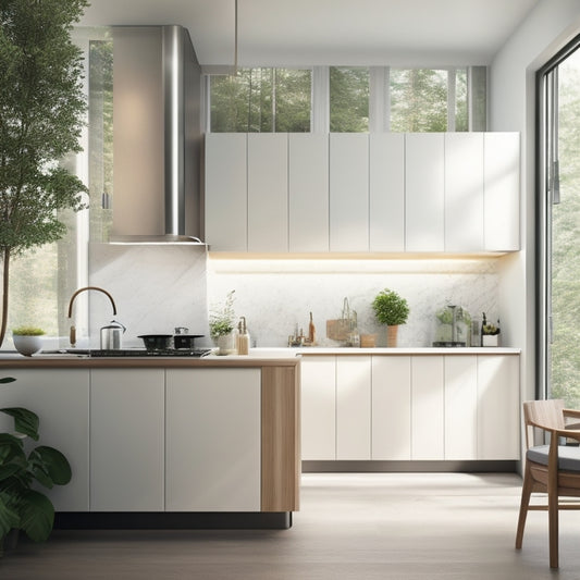 A sleek, modern kitchen with modular units in a combination of matte white, warm wood, and metallic accents, surrounded by large windows and lush greenery, with subtle lighting effects.
