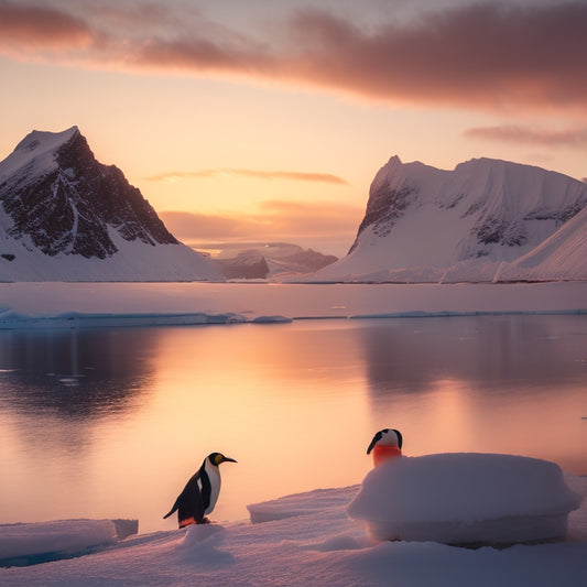 A serene Antarctic landscape at dusk, with soft pink-orange hues casting a warm glow on snow-capped mountains, icy waters, and playful penguins surrounded by glowing bioluminescent krill.