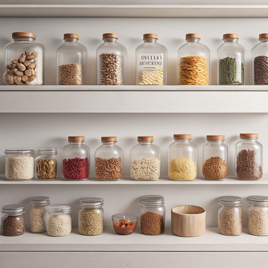 A tidy, white pantry shelf with 5-7 clear glass jars of varying sizes, each adorned with a removable, colored label, filled with dry goods like pasta, coffee beans, and spices, against a light gray background.
