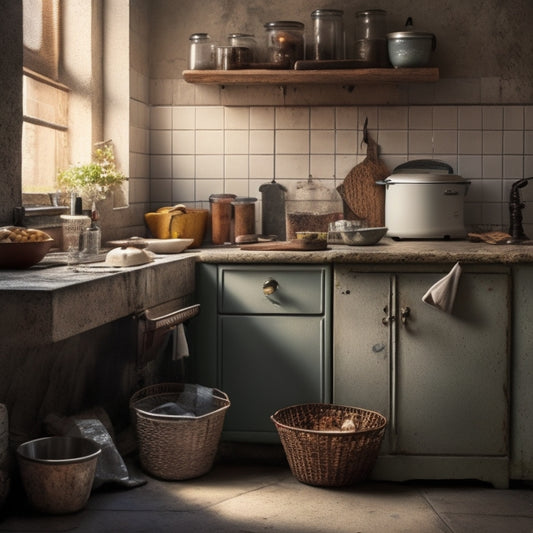 A cluttered kitchen corner with a narrow, L-shaped countertop, a few dusty jars, and a toaster pushed into the corner, surrounded by worn-out tiles and a faint shadow of a trash can.
