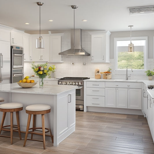A bright, modern kitchen with creamy white cabinets, sleek silver appliances, and warm wood accents, featuring a large island with a built-in cooktop and pendant lighting.