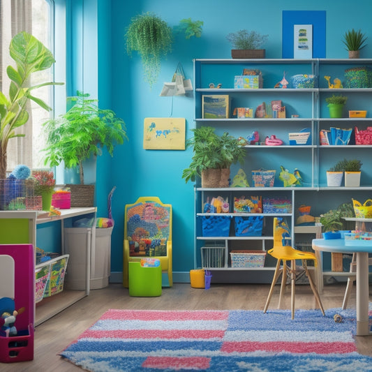 A clutter-free playroom with a wall-mounted foldable table, colorful storage bins, and a compact shelving unit, surrounded by happy, playing children and a few strategically placed plants.