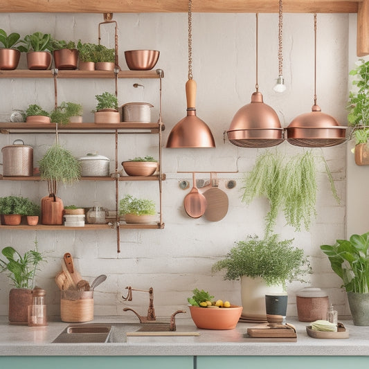 A stylish kitchen island showcasing neatly organized pots and pans, with gleaming copper cookware hanging overhead, wooden dividers for easy access, and vibrant herbs in small pots adding a touch of greenery.