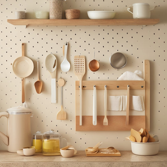 A tidy kitchen countertop with a wooden utensil organizer, a stackable ceramic container, and a wall-mounted pegboard with hanging kitchen gadgets, set against a light beige background.