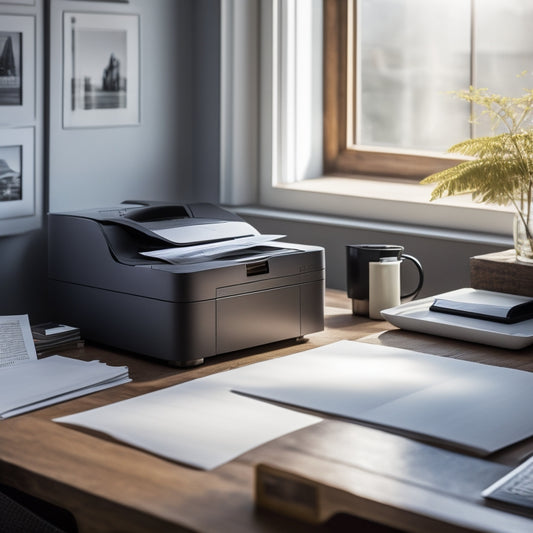 A clutter-free desk with a stack of identical printed papers, a few scattered paper clips, and a single, sleek printer in the background, surrounded by soft, natural light.