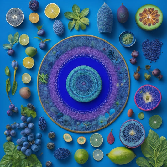 A vibrant, abstract illustration featuring interconnected circles in shades of calming blue, green, and purple, surrounded by stylized icons of yoga mats, fruits, and medicinal plants.