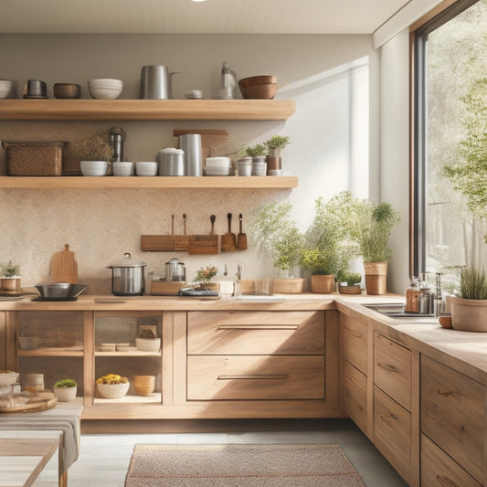 A modern kitchen showcasing sleek, affordable roll-out trays in wooden cabinets. The trays are filled with neatly organized pots, pans, and spices, illuminated by warm, natural light filtering through a nearby window.