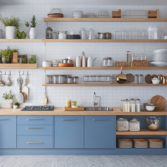 A clean and modern kitchen with a centralized island, featuring a built-in pegboard with hooks holding utensils, a utensil organizer on the counter, and a wall-mounted spice rack with neatly arranged jars.