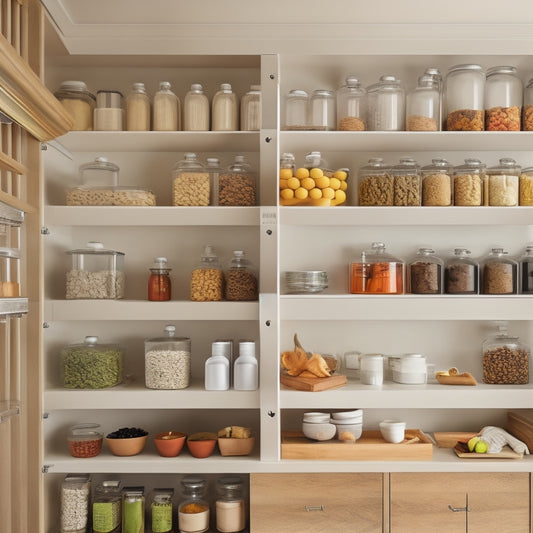 A neatly organized kitchen cabinet in a tight space, featuring tiered spice racks, pull-out shelves with labeled containers, vertical dividers for cutting boards, and a compact dish organizer, all illuminated by soft, warm lighting.