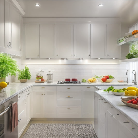 A sleek kitchen with warm under-cabinet strip lighting illuminating glossy white countertops, reflecting vibrant colors of fresh vegetables, creating a seamless, modern ambiance. Shadows play delicately on the backsplash, enhancing the overall elegance.