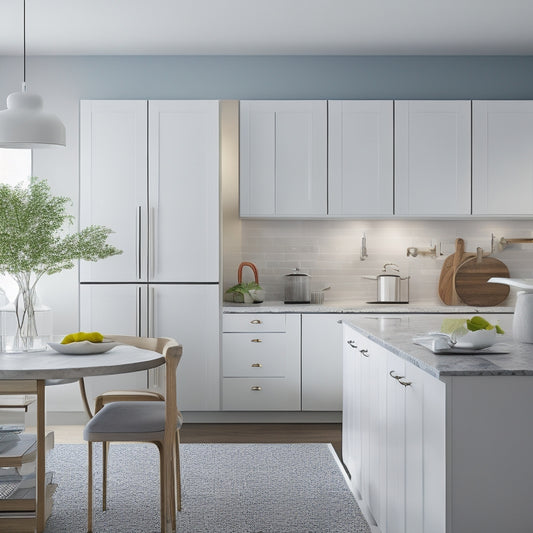 A bright, modern kitchen with sleek, minimalist cabinets, a spotless countertop, and a few strategically placed, stylish decorative accents, contrasting with a small, cluttered kitchen in the background.