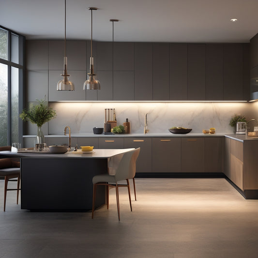 A sleek modern kitchen illuminated by soft, adjustable under-cabinet lighting, highlighting elegant countertops and minimalist cabinetry, with a warm ambiance enhancing a stylish, contemporary atmosphere. Subtle shadows create depth and sophistication.