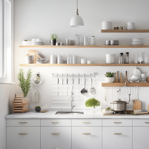 A minimalist, modern city kitchen with sleek white cabinets, a compact island, and a pegboard wall featuring a utensil organizer, a spice rack, and a few pots and pans, illuminated by natural light.