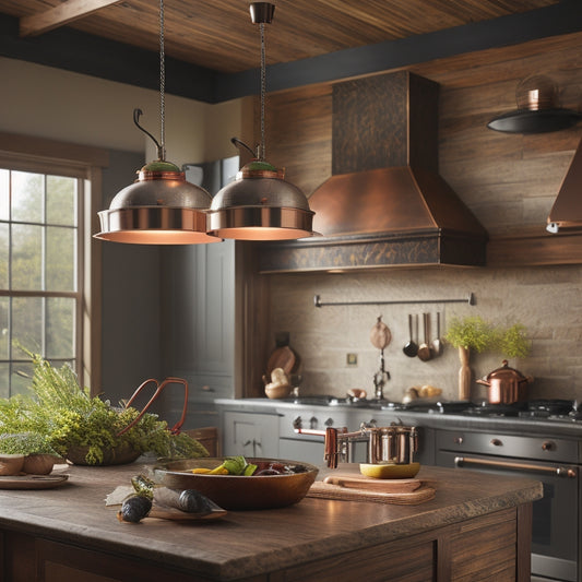 A sleek, stainless steel ceiling-mounted pot rack, adorned with heavy cast iron pans and polished copper cookware, suspended over a rustic wooden kitchen island with warm, ambient lighting highlighting the culinary display.