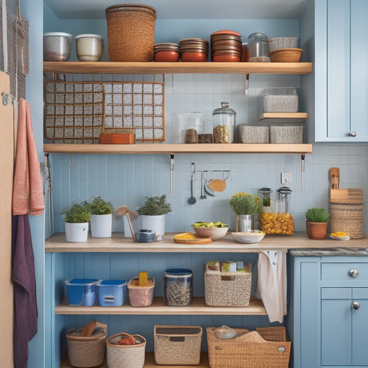 A tidy kitchen with a mix of renters' friendly storage solutions: stackable baskets, adhesive hooks, and a pegboard on the back of a door, with a few kitchen utensils and spices neatly organized.