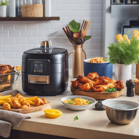 A warm, golden-lit kitchen counter with a sleek air fryer in the center, surrounded by mouthwatering, crispy fried foods like chicken wings, fries, and shrimp, and a few fresh herbs.