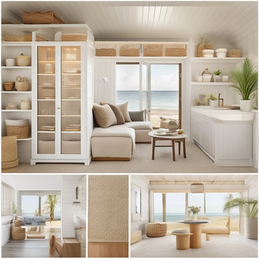 A serene island interior with a sleek, modern beach hut, featuring a built-in daybed with storage compartments underneath, a minimalist shelving unit with woven baskets, and a floor-to-ceiling cabinet with sliding glass doors.