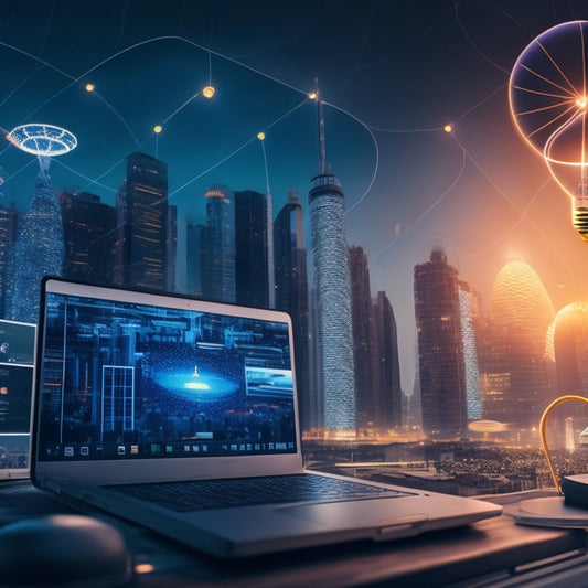 A futuristic, modern cityscape with a subtle grid pattern in the background, featuring a prominent, glowing lightbulb at the center, surrounded by orbiting icons of laptops, tablets, and certificates.