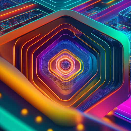A futuristic, minimalist background with intersecting grid lines, overlaid with stylized, colorful shapes resembling digital code, surrounded by abstract, swirling patterns hinting at collaborative workflow.
