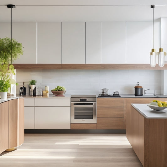 A sleek, modern kitchen with a polished wooden countertop, featuring a minimalist wall-mounted magnetic knife strip. Elegant knives float against a neutral backdrop, highlighting clean lines and uncluttered aesthetics in a harmonious, airy space.