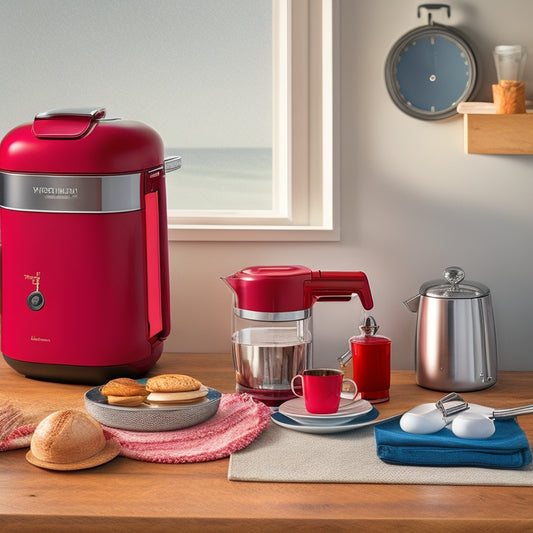 A stylish, modern kitchen counter with a sleek, silver coffee maker, a vibrant red stand mixer, and a few carefully placed travel accessories like a leather passport holder and a vintage-style luggage tag.