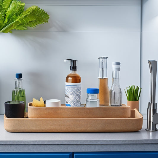 A sleek, minimalist kitchen countertop featuring an elegant sink caddy organizer, showcasing stainless steel, bamboo, and ceramic materials, adorned with vibrant dish soap bottles and neatly arranged sponges, against a backdrop of modern decor.