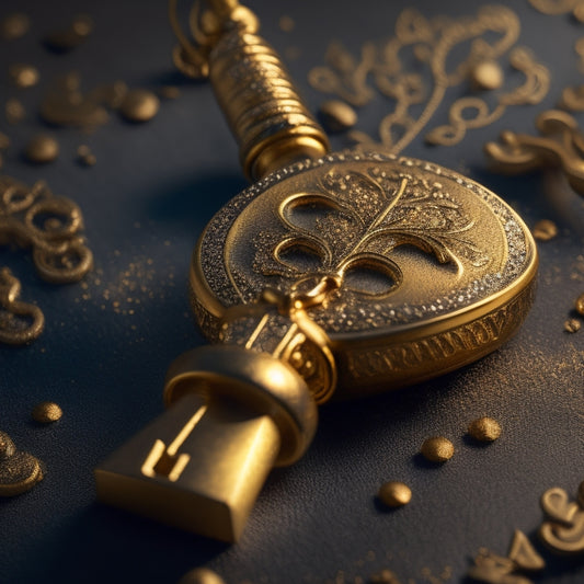 A metallic gold key with intricate engravings, resting on a luxurious black velvet background, surrounded by subtle, shimmering sparks and soft, golden light, exuding success and exclusivity.