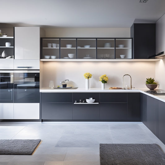 A modern kitchen with sleek, high-gloss cabinets, featuring a minimalist aesthetic, and a mix of open shelving, pull-out drawers, and hidden compartments, showcasing innovative storage solutions.
