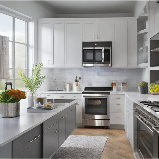 A modern kitchen with sleek cabinets, stainless steel appliances, and quartz countertops, surrounded by a subtle grid of virtual planning lines and interactive design tools, with a tablet in the foreground.