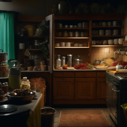 A dimly lit kitchen with doors slightly ajar, revealing cluttered shelves, expired canned goods, and dusty appliances, with a few curious eyes peeking from behind the mess.
