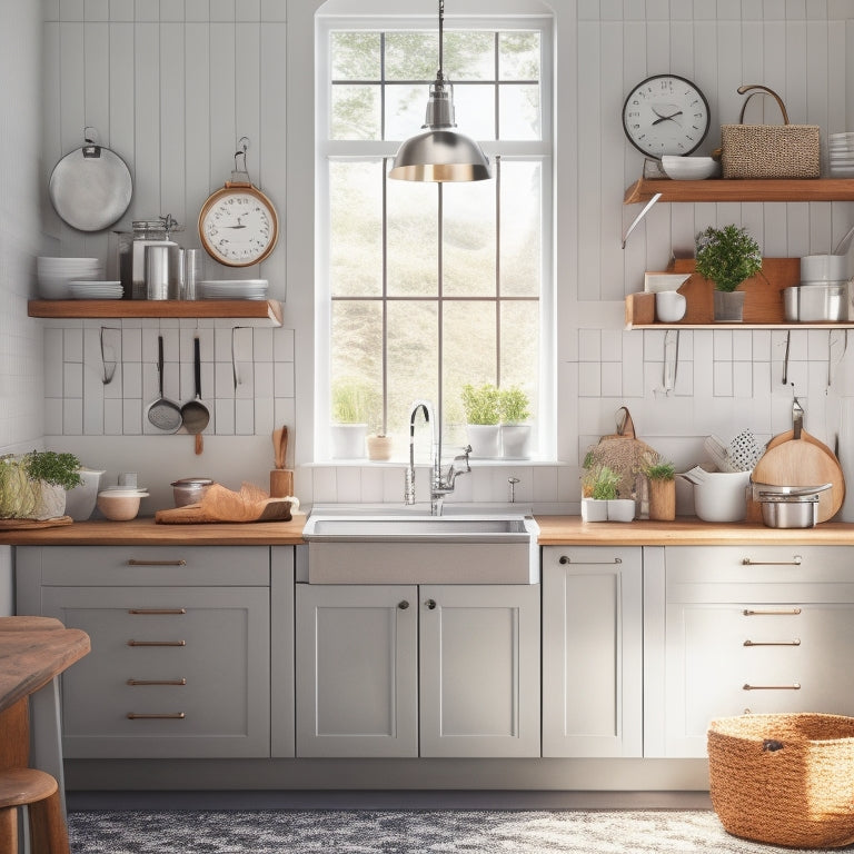 A clutter-free, compact kitchen with a stainless steel sink, a tiny island with built-in storage, and a pegboard on the wall with hanging utensils and a clock, surrounded by soft, natural light.