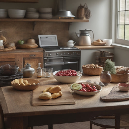 A warm and inviting kitchen scene with a wooden table at the center, surrounded by mixing bowls, utensils, and ingredients, with a few freshly baked goods and a laptop open to a business plan.