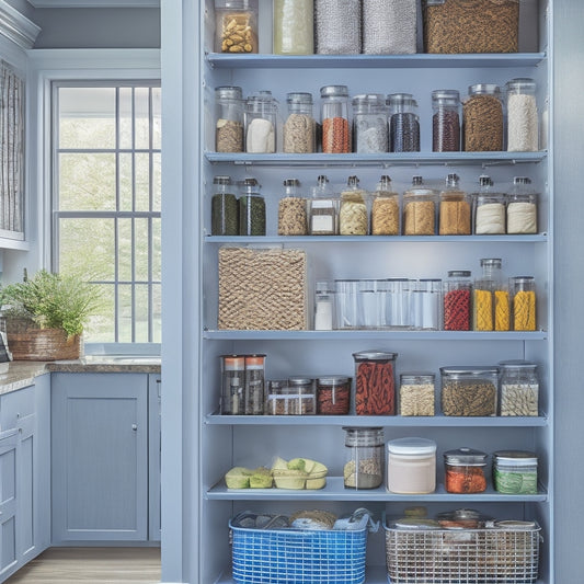 A well-organized kitchen featuring a sleek, modern over-the-door pantry rack filled with colorful spices, jars, and canned goods, surrounded by cheerful kitchen decor and soft, natural lighting highlighting the space.