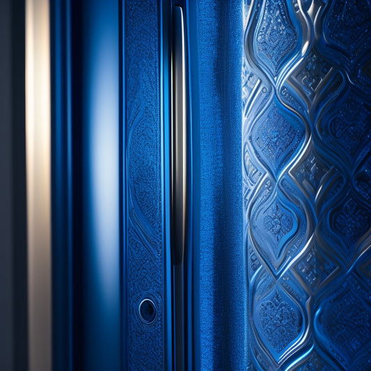 A close-up of a Maytag refrigerator's sleek, stainless steel door with intricate patterns of condensation, surrounded by a faint glow of soft blue light, hinting at the secrets within.