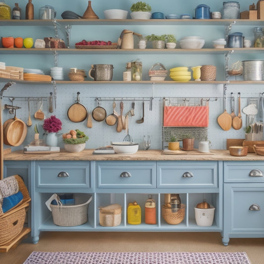 A cluttered kitchen with toys, utensils, and cookware scattered everywhere, transformed into an organized space with labeled baskets, a pegboard, and a custom island with built-in shelves and drawers.