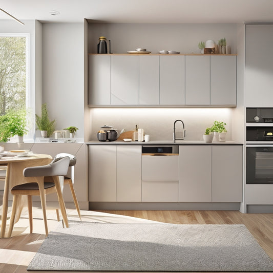 A modern kitchen showcasing sleek, multifunctional cabinetry with open shelving, compact appliances, and a foldable dining table. Natural light floods the space, highlighting organized storage and a minimalist design for maximum efficiency.